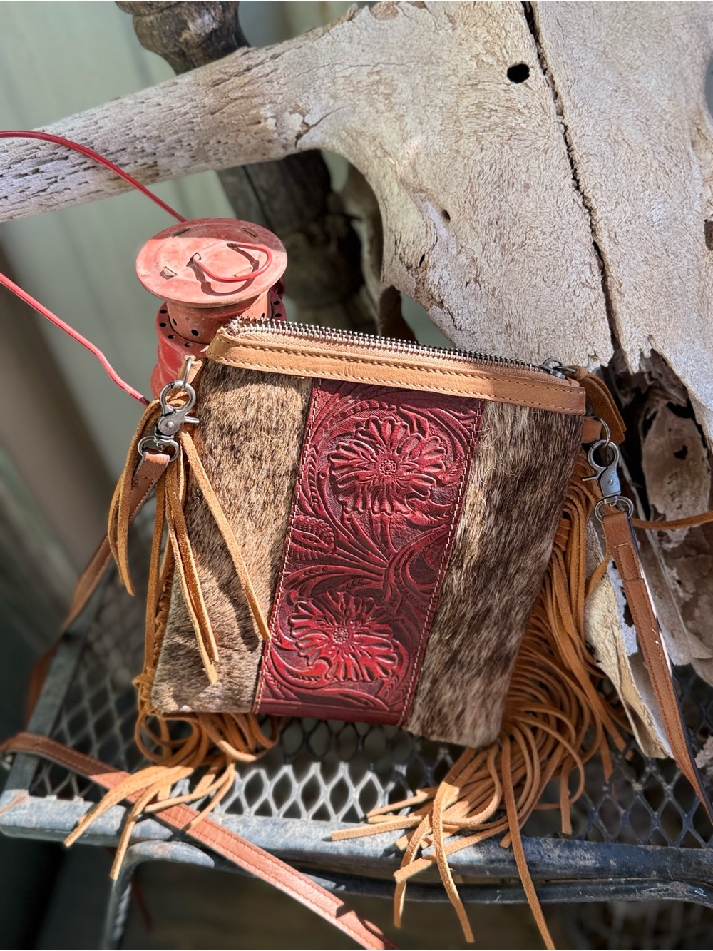 Source Unknown Brown Hair-on-Hide Crossbody with Red Tooled Leather Panel